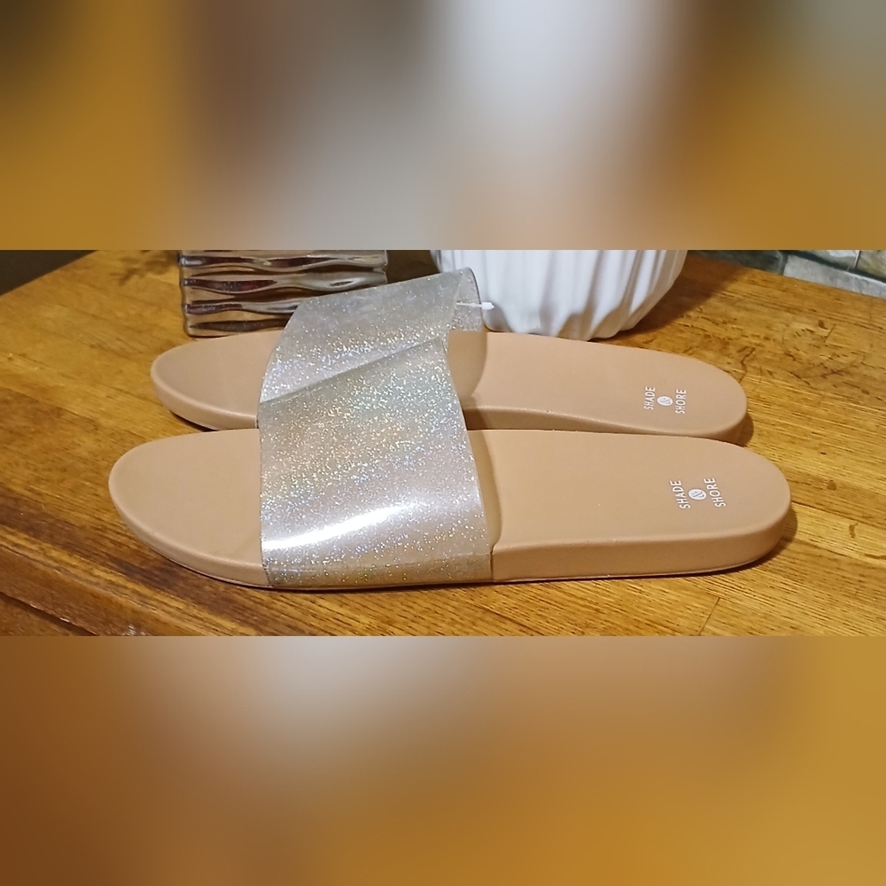 Shade & Shore Silver Sparkle Tan Slide Sandals Size 11